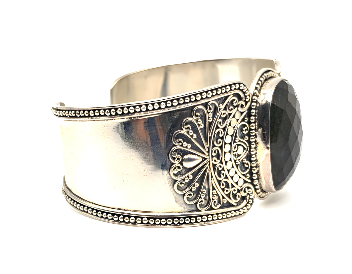 G 925 Sterling Silver Wide Cuff Bracelet Large Faceted Stone Ornate Scrollwork