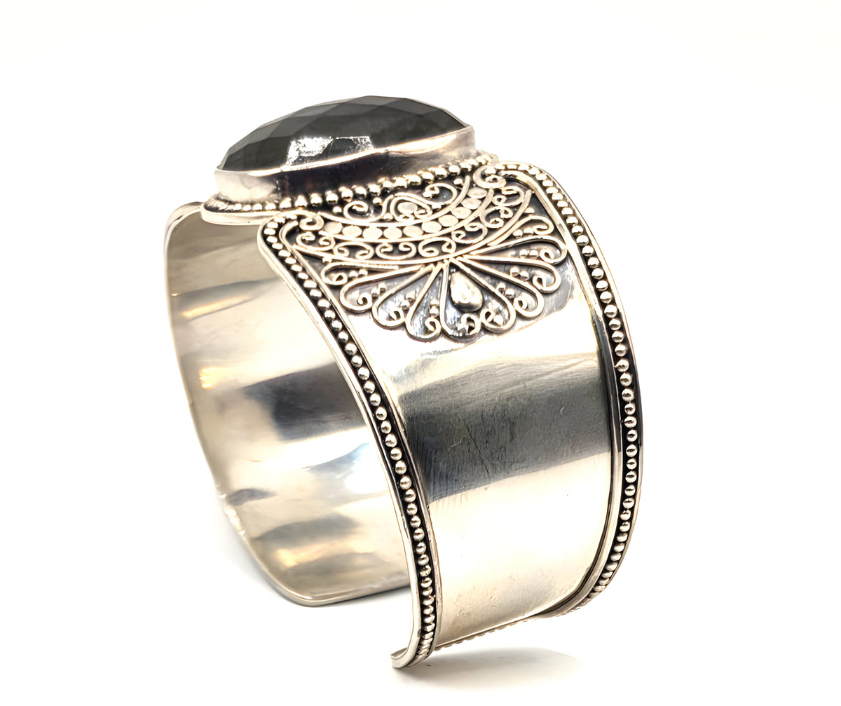 G 925 Sterling Silver Wide Cuff Bracelet Large Faceted Stone Ornate Scrollwork