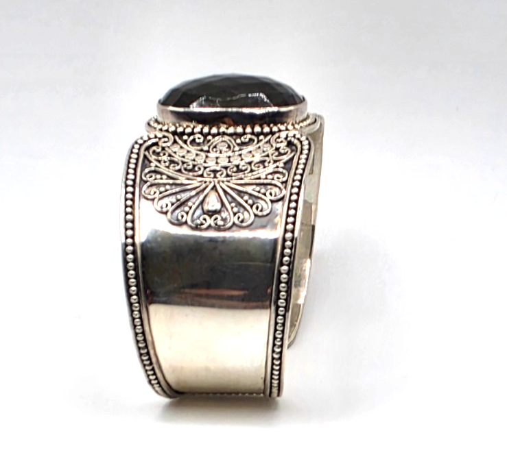 G 925 Sterling Silver Wide Cuff Bracelet Large Faceted Stone Ornate Scrollwork