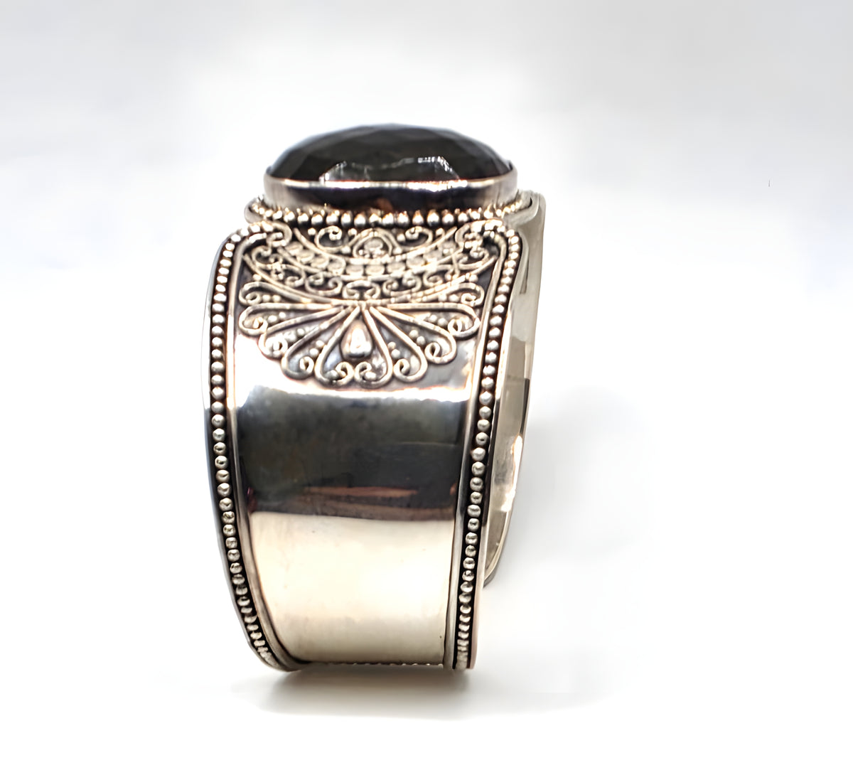 G 925 Sterling Silver Wide Cuff Bracelet Large Faceted Stone Ornate Scrollwork