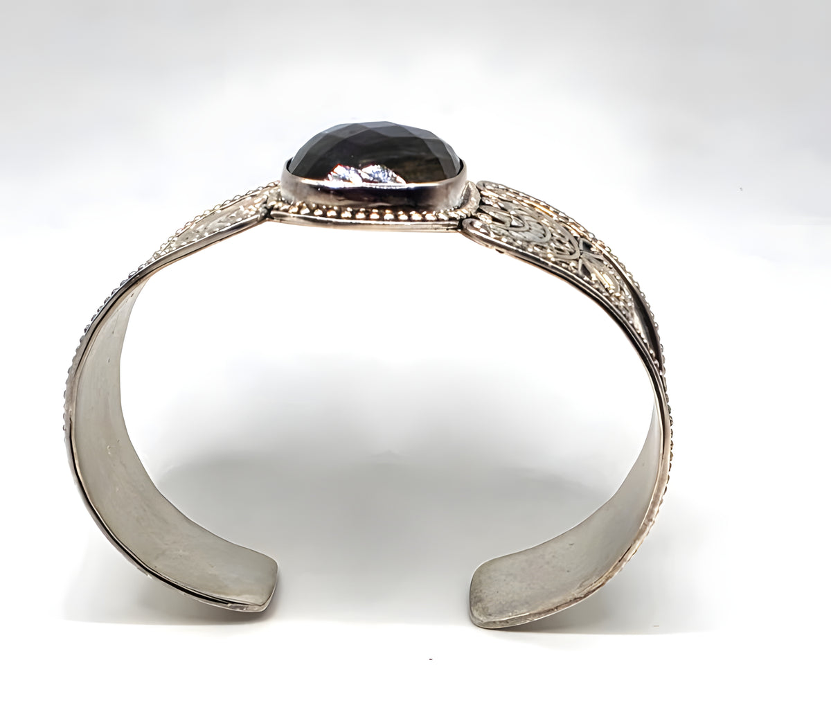 G 925 Sterling Silver Wide Cuff Bracelet Large Faceted Stone Ornate Scrollwork