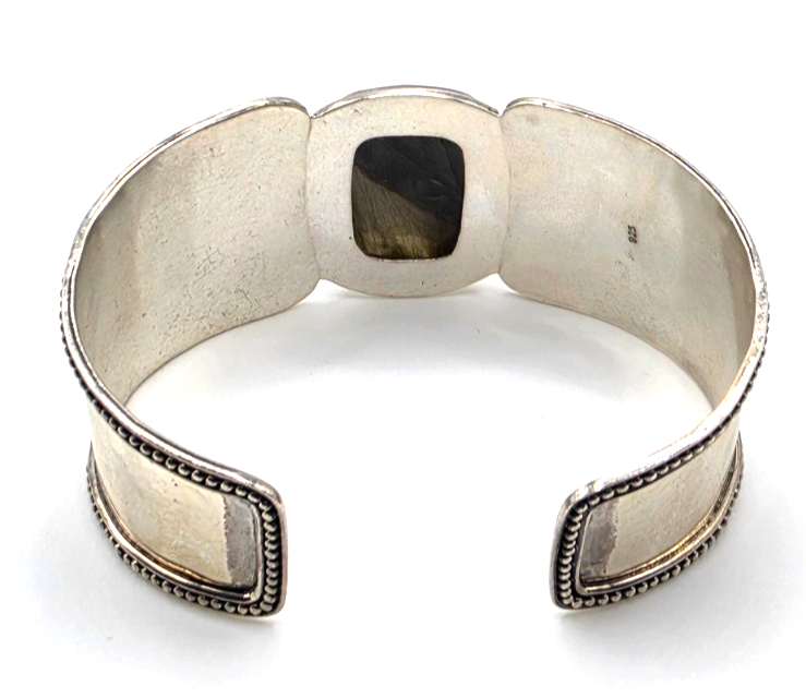 G 925 Sterling Silver Wide Cuff Bracelet Large Faceted Stone Ornate Scrollwork