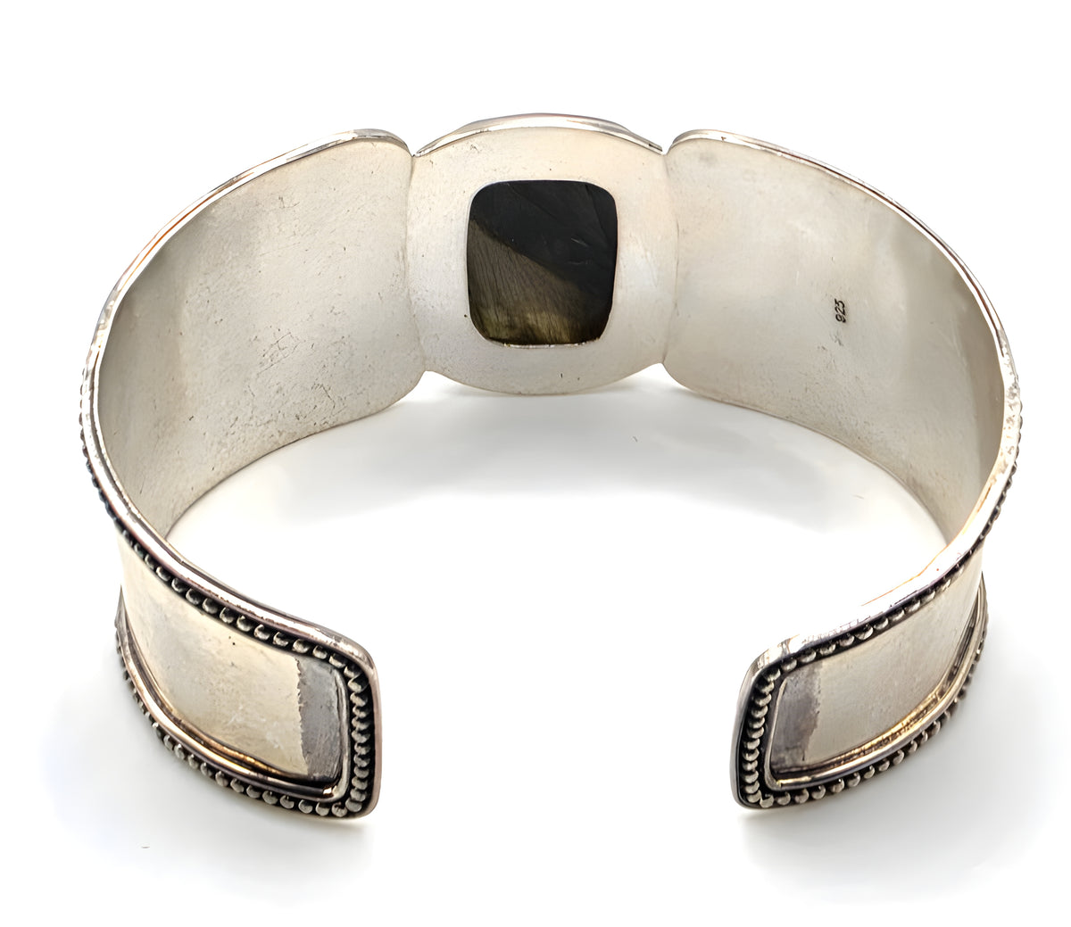 G 925 Sterling Silver Wide Cuff Bracelet Large Faceted Stone Ornate Scrollwork