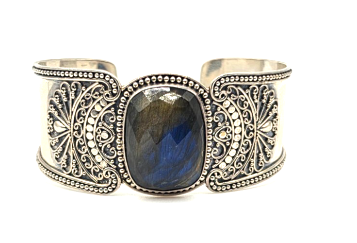 G 925 Sterling Silver Wide Cuff Bracelet Large Faceted Stone Ornate Scrollwork
