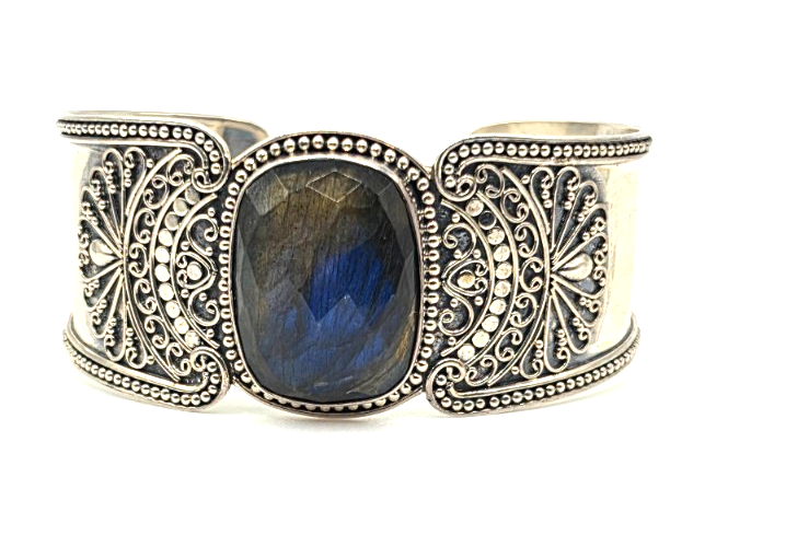 G 925 Sterling Silver Wide Cuff Bracelet Large Faceted Stone Ornate Scrollwork