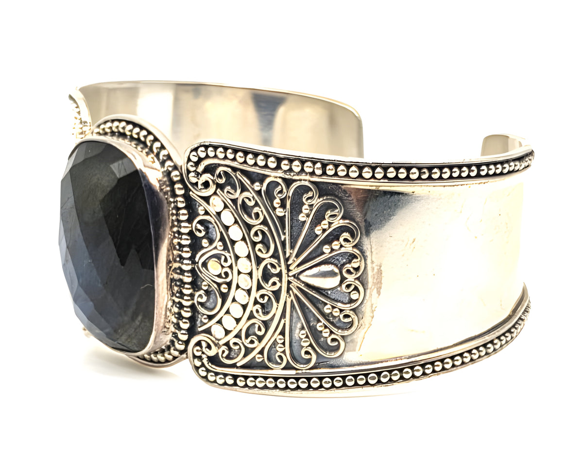 G 925 Sterling Silver Wide Cuff Bracelet Large Faceted Stone Ornate Scrollwork