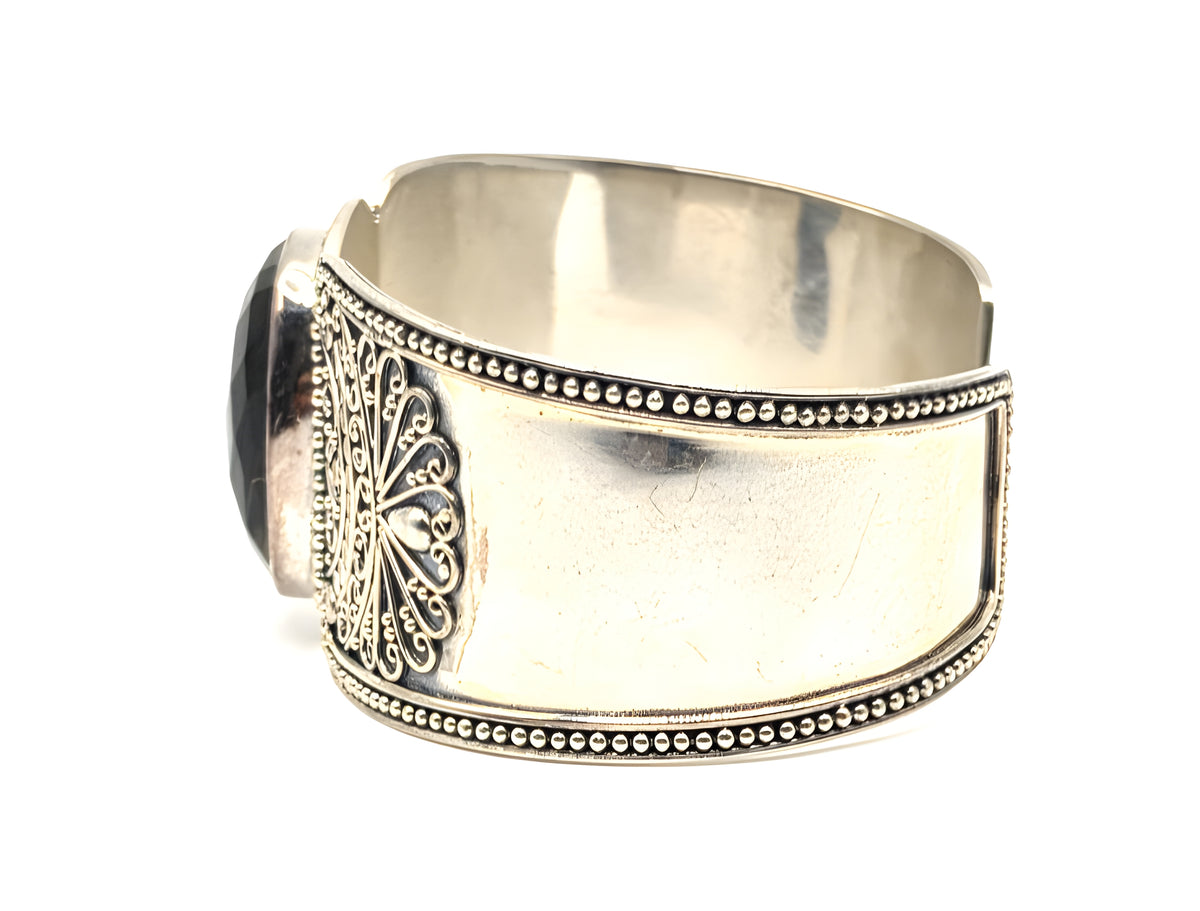 G 925 Sterling Silver Wide Cuff Bracelet Large Faceted Stone Ornate Scrollwork