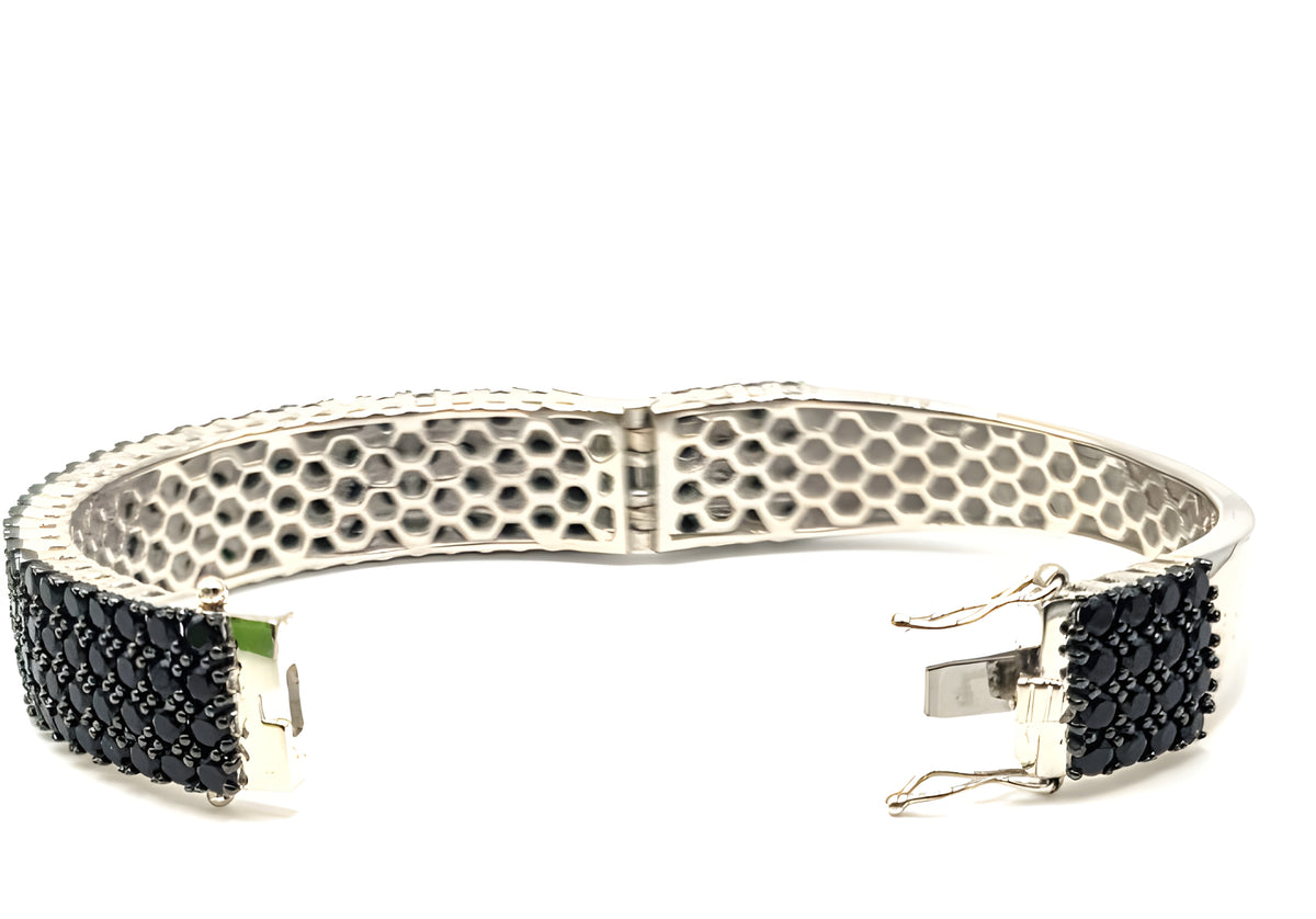 925 Sterling Silver Black Stone Hinged Bangle Bracelet 35.4g BBJ China