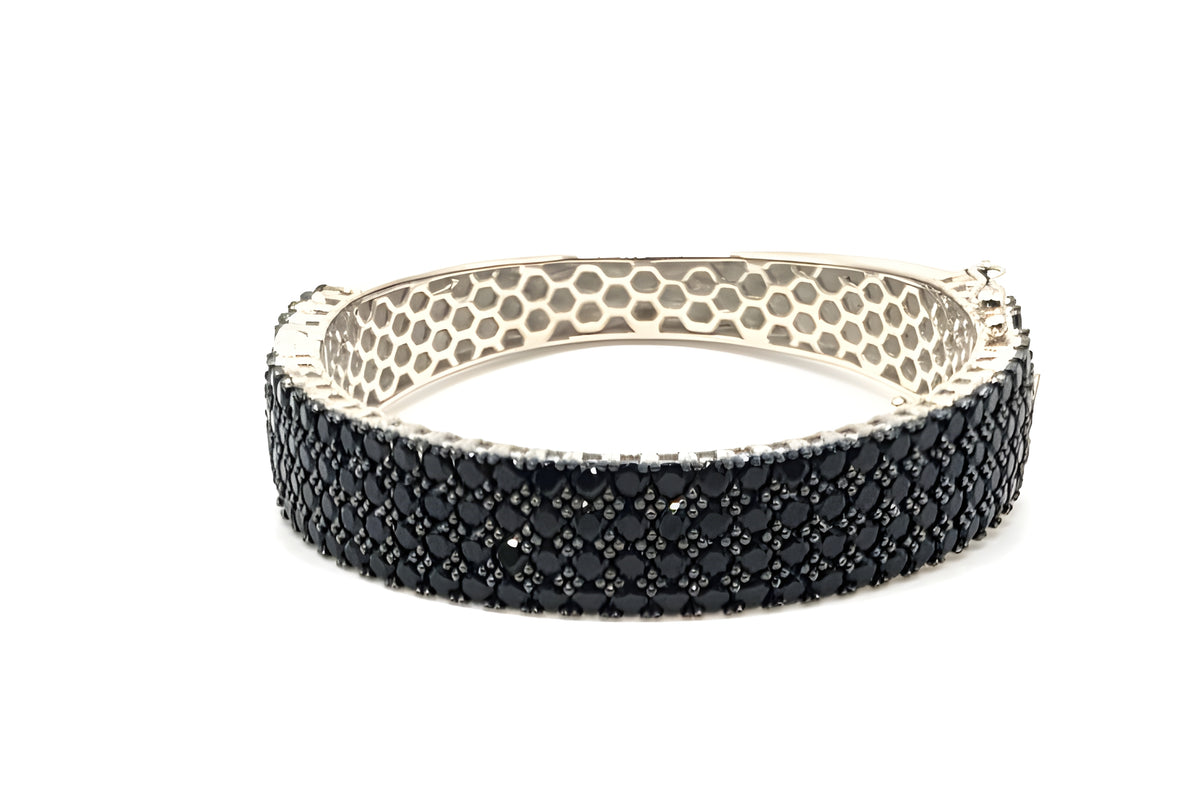 925 Sterling Silver Black Stone Hinged Bangle Bracelet 35.4g BBJ China