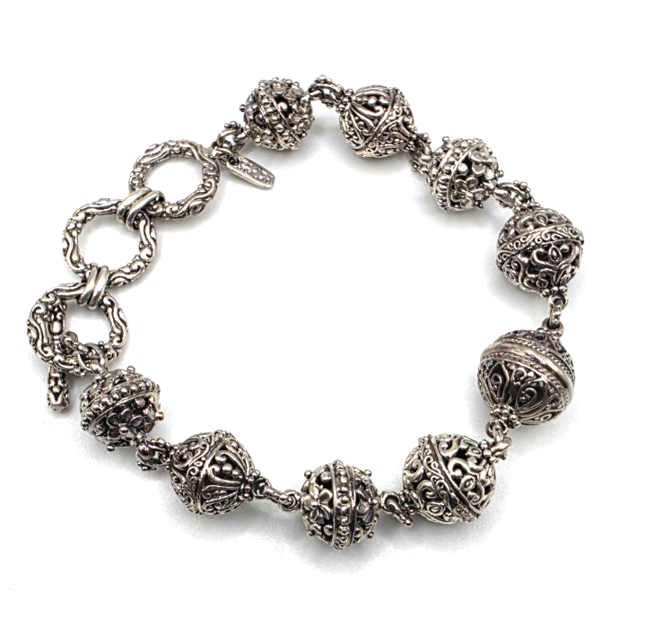 SARDA Sterling Silver Ornate Filigree Beaded Toggle Bracelet 9.25" NWOT