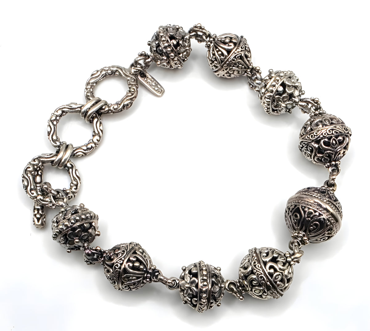 SARDA Sterling Silver Ornate Filigree Beaded Toggle Bracelet 9.25" NWOT