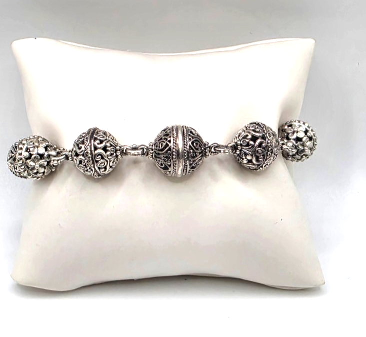 SARDA Sterling Silver Ornate Filigree Beaded Toggle Bracelet 9.25" NWOT