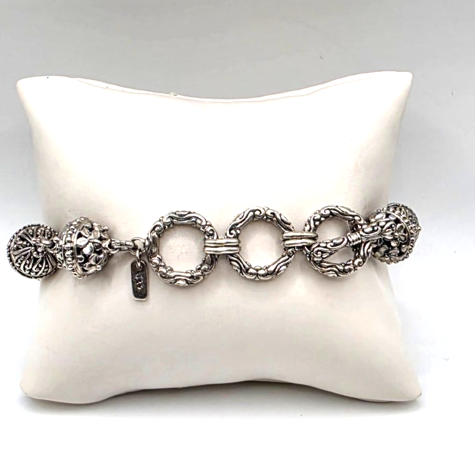 SARDA Sterling Silver Ornate Filigree Beaded Toggle Bracelet 9.25" NWOT