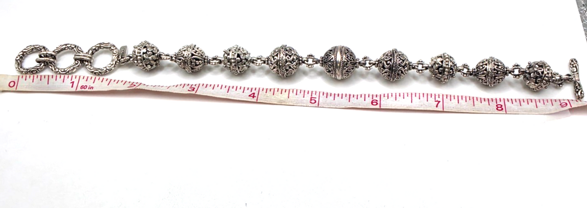 SARDA Sterling Silver Ornate Filigree Beaded Toggle Bracelet 9.25" NWOT