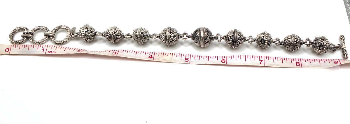 SARDA Sterling Silver Ornate Filigree Beaded Toggle Bracelet 9.25" NWOT