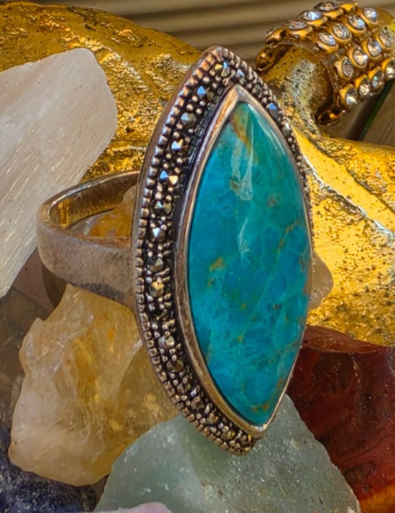 925 Sterling Silver Turquoise Marcasite Navette Ring Size 8 Thailand NWOT