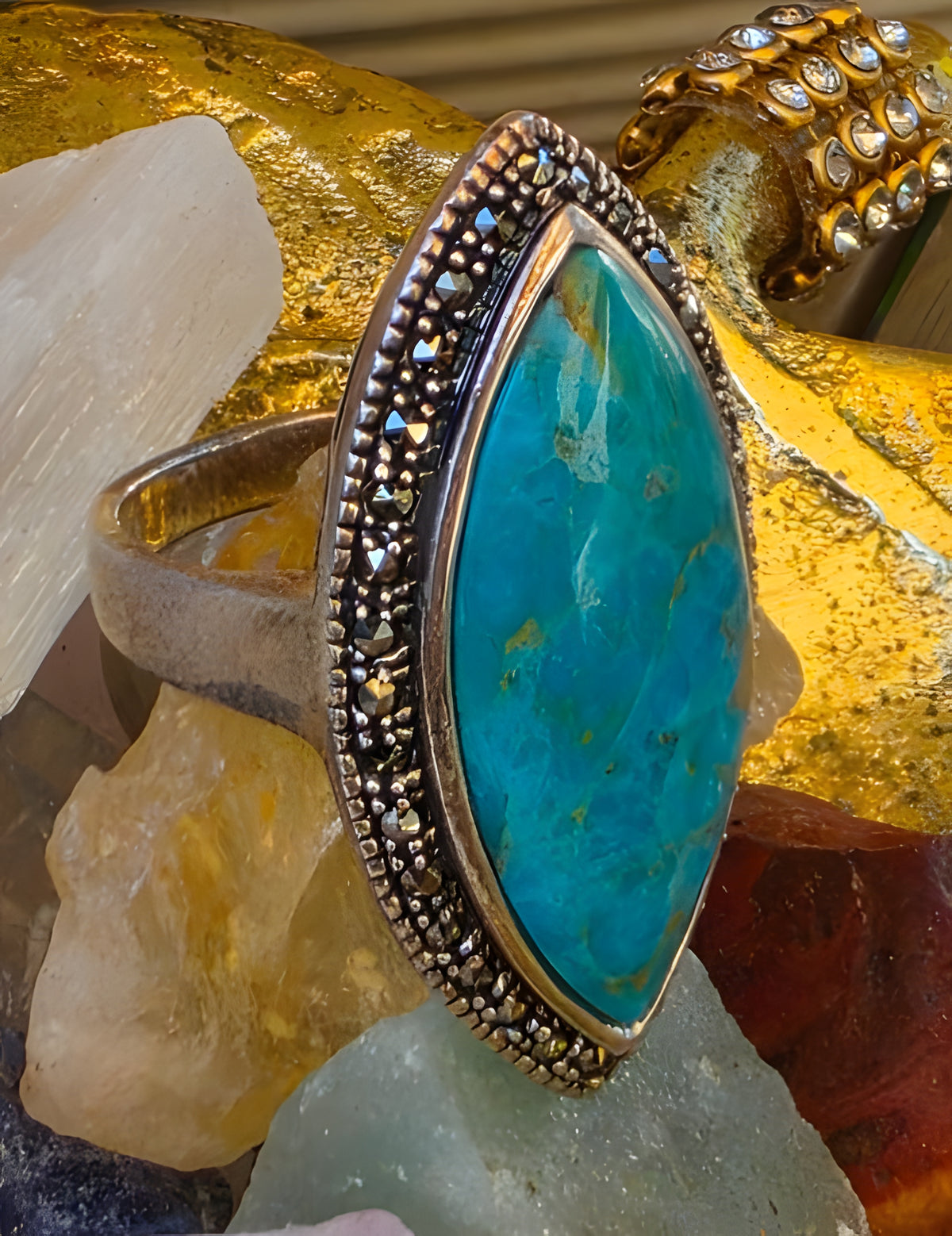 925 Sterling Silver Turquoise Marcasite Navette Ring Size 8 Thailand NWOT