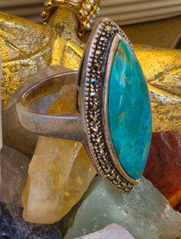 925 Sterling Silver Turquoise Marcasite Navette Ring Size 8 Thailand NWOT