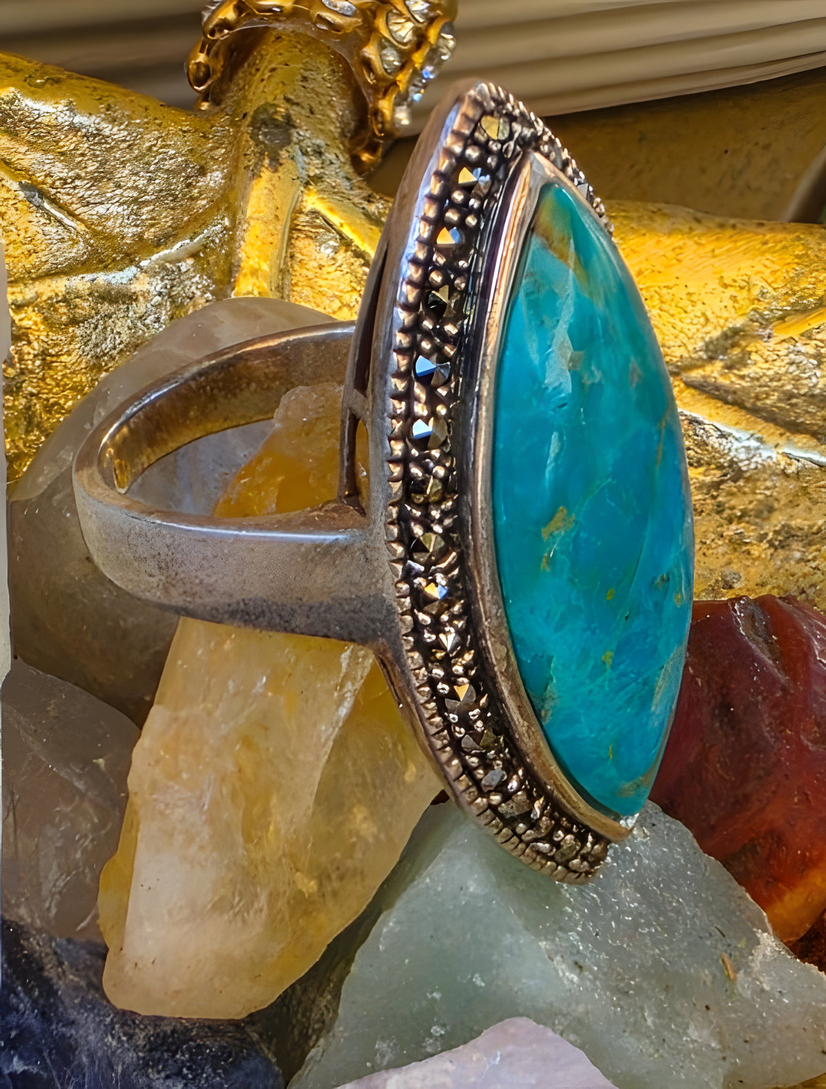 925 Sterling Silver Turquoise Marcasite Navette Ring Size 8 Thailand NWOT