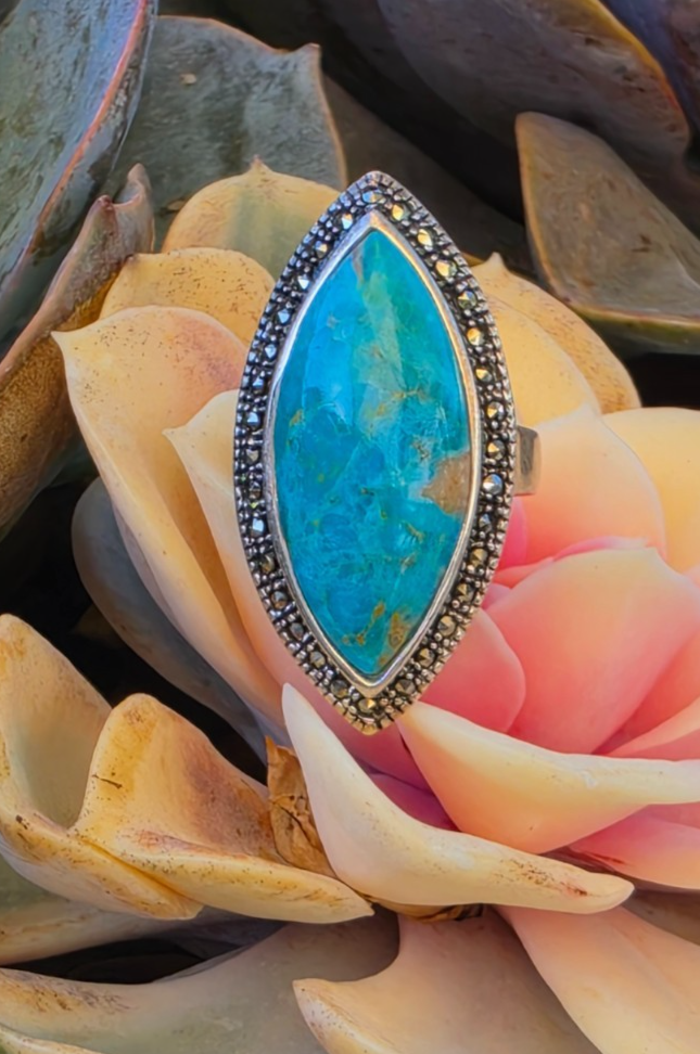 925 Sterling Silver Turquoise Marcasite Navette Ring Size 8 Thailand NWOT