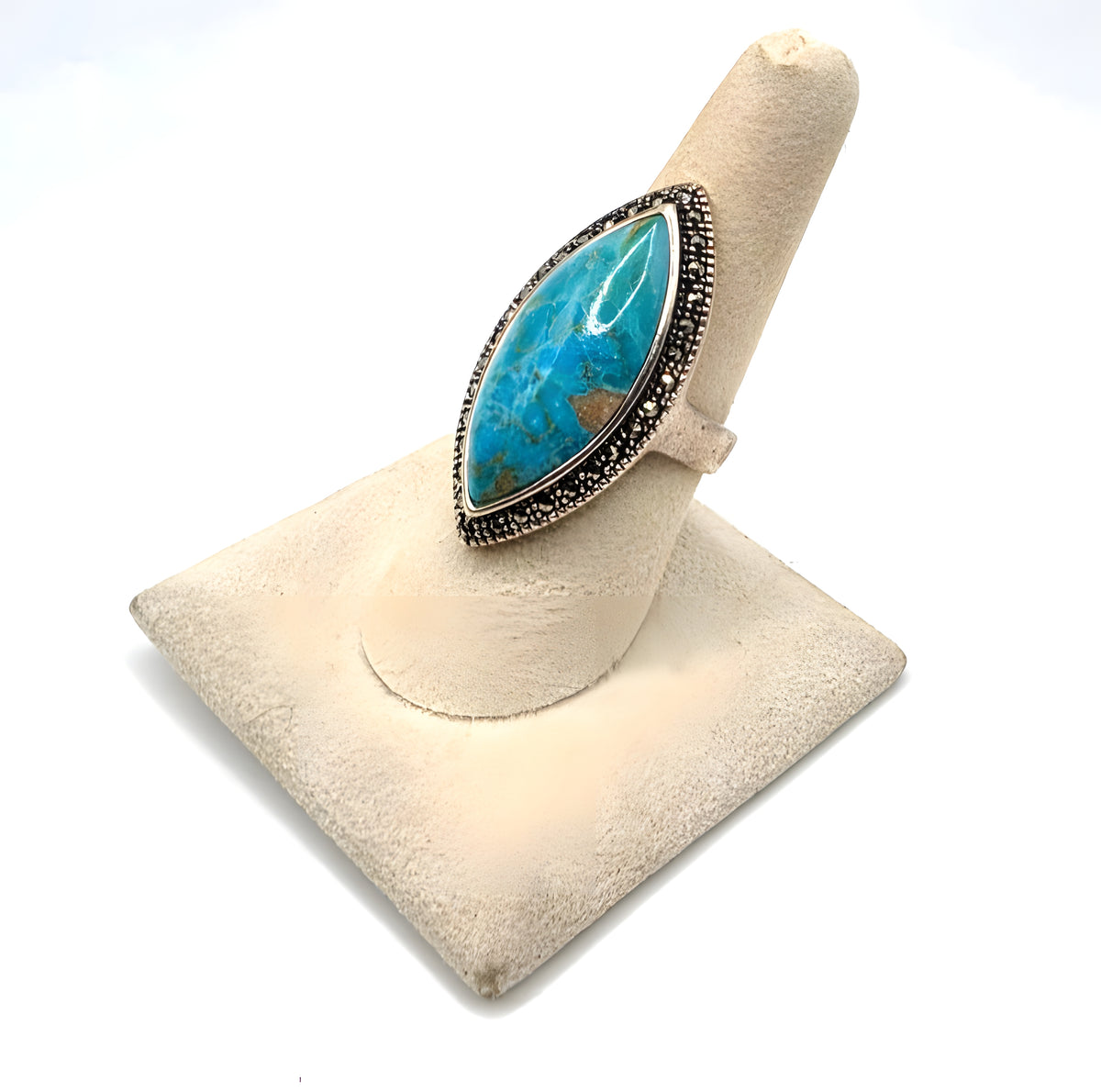 925 Sterling Silver Turquoise Marcasite Navette Ring Size 8 Thailand NWOT
