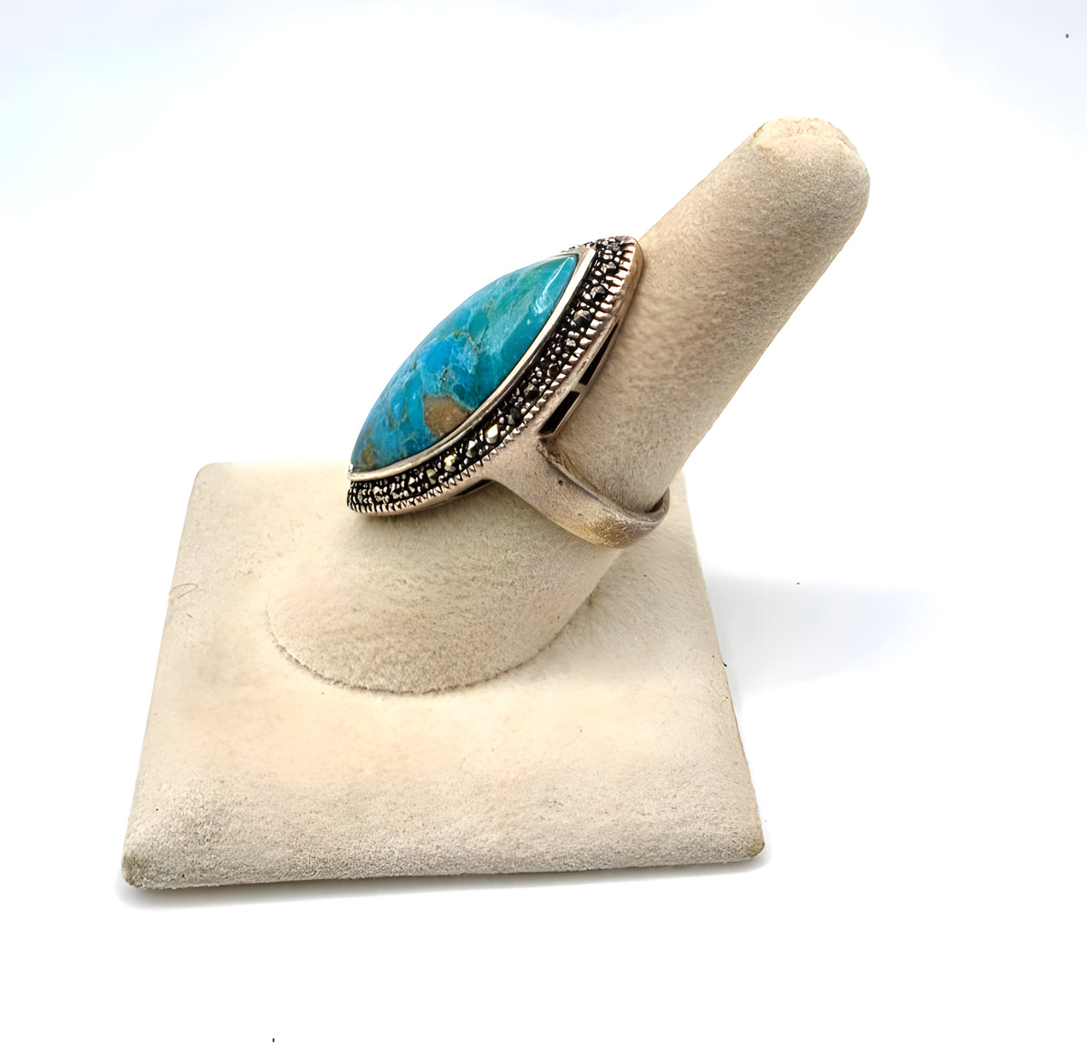 925 Sterling Silver Turquoise Marcasite Navette Ring Size 8 Thailand NWOT