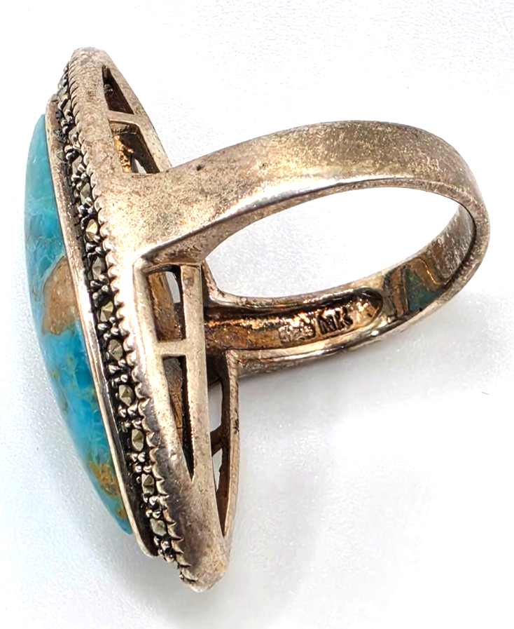 925 Sterling Silver Turquoise Marcasite Navette Ring Size 8 Thailand NWOT