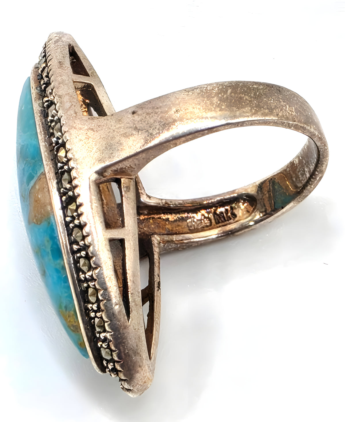 925 Sterling Silver Turquoise Marcasite Navette Ring Size 8 Thailand NWOT