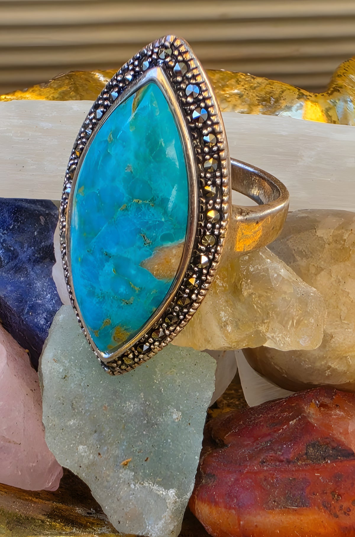 925 Sterling Silver Turquoise Marcasite Navette Ring Size 8 Thailand NWOT