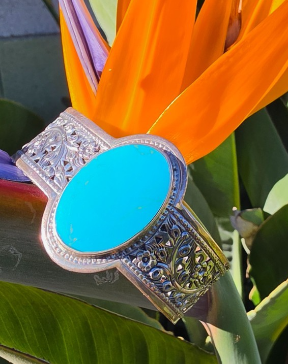 LSV Thailand 925 Sterling Silver Turquoise Floral Filigree Wide Cuff Bracelet