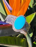 LSV Thailand 925 Sterling Silver Turquoise Floral Filigree Wide Cuff Bracelet