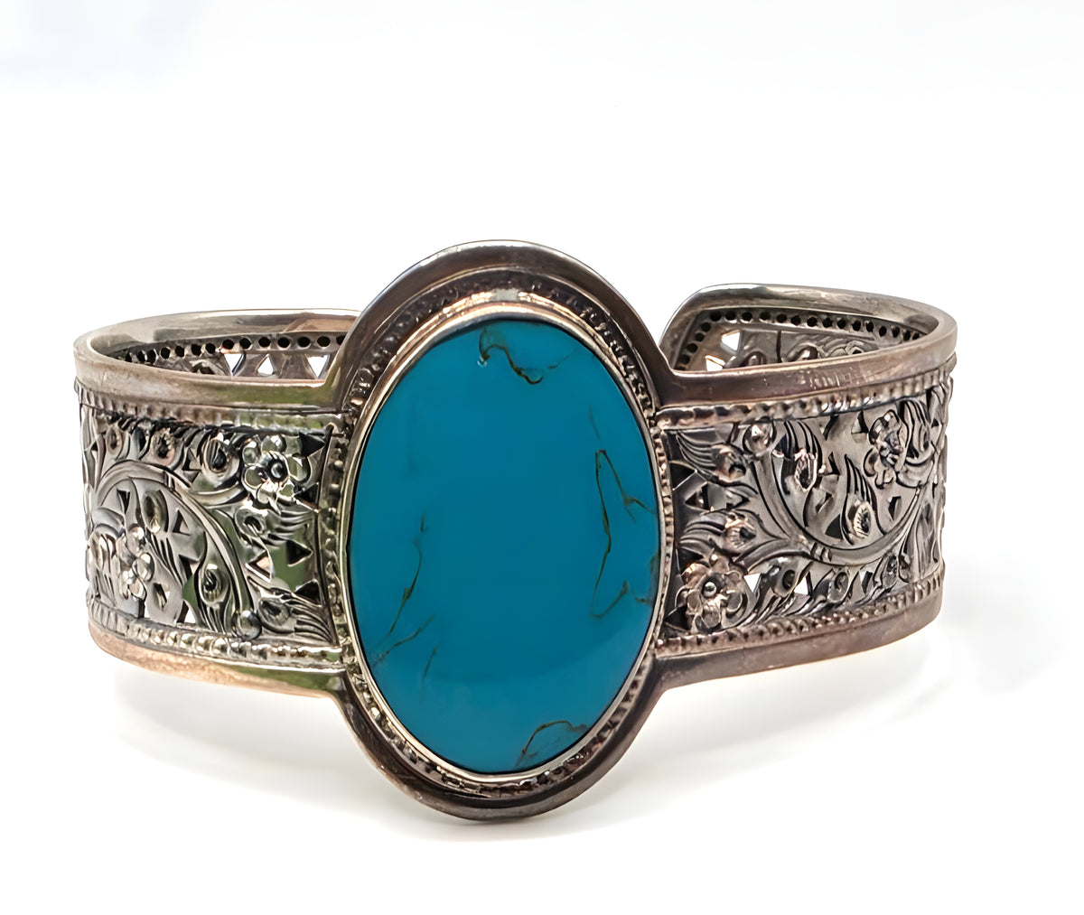 LSV Thailand 925 Sterling Silver Turquoise Floral Filigree Wide Cuff Bracelet