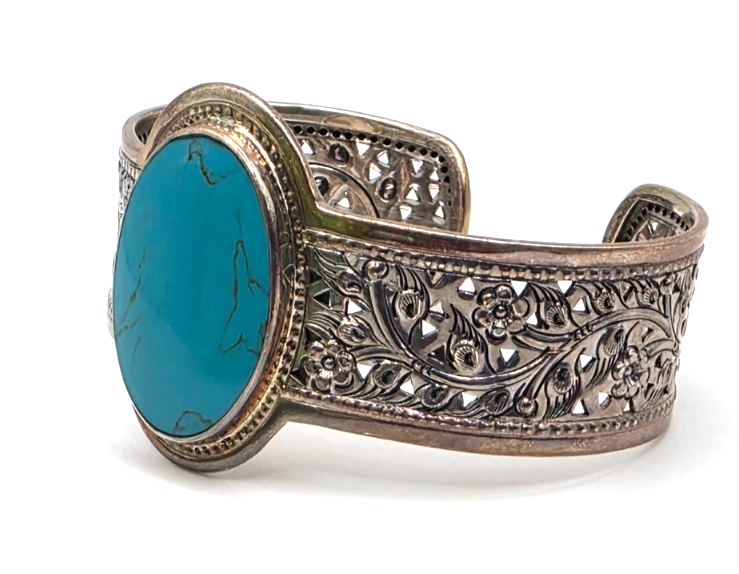 LSV Thailand 925 Sterling Silver Turquoise Floral Filigree Wide Cuff Bracelet