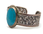 LSV Thailand 925 Sterling Silver Turquoise Floral Filigree Wide Cuff Bracelet