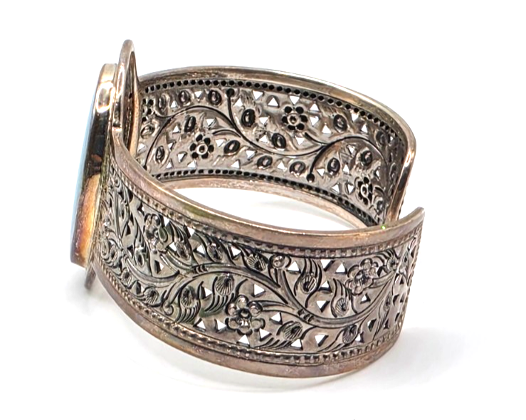 LSV Thailand 925 Sterling Silver Turquoise Floral Filigree Wide Cuff Bracelet