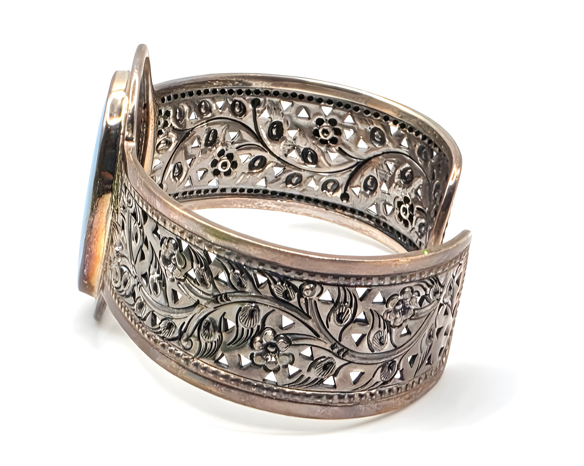 LSV Thailand 925 Sterling Silver Turquoise Floral Filigree Wide Cuff Bracelet