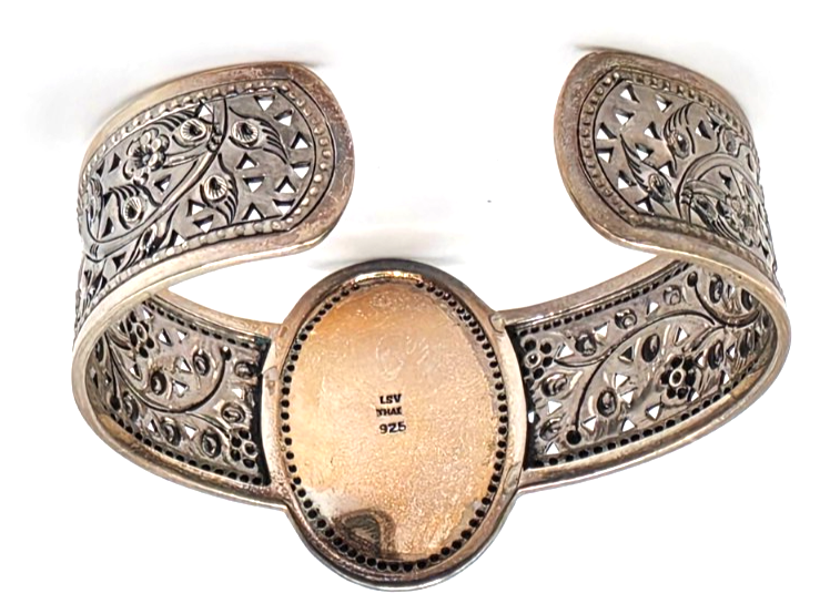 LSV Thailand 925 Sterling Silver Turquoise Floral Filigree Wide Cuff Bracelet