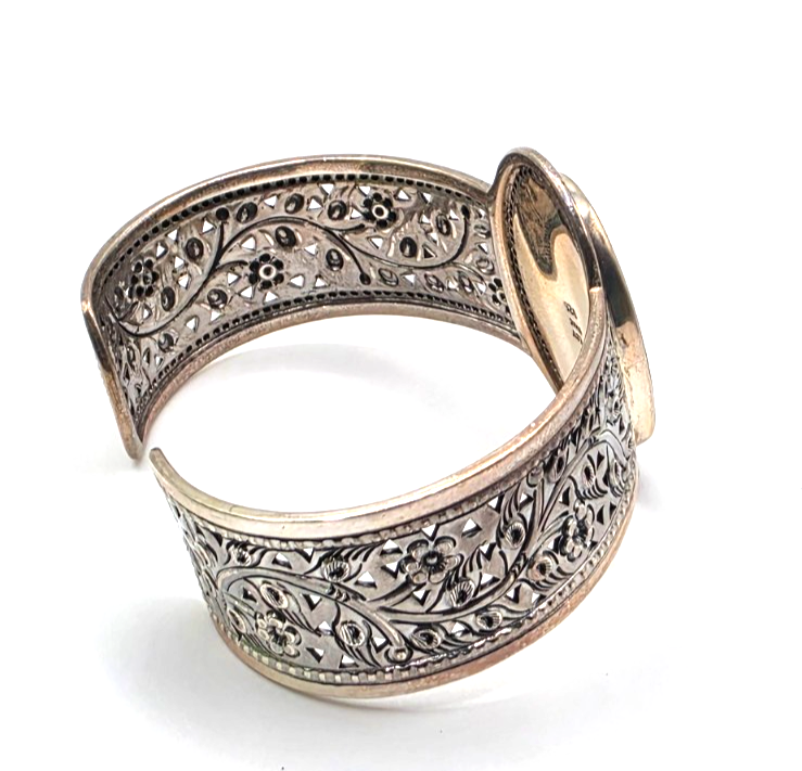 LSV Thailand 925 Sterling Silver Turquoise Floral Filigree Wide Cuff Bracelet