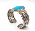 LSV Thailand 925 Sterling Silver Turquoise Floral Filigree Wide Cuff Bracelet