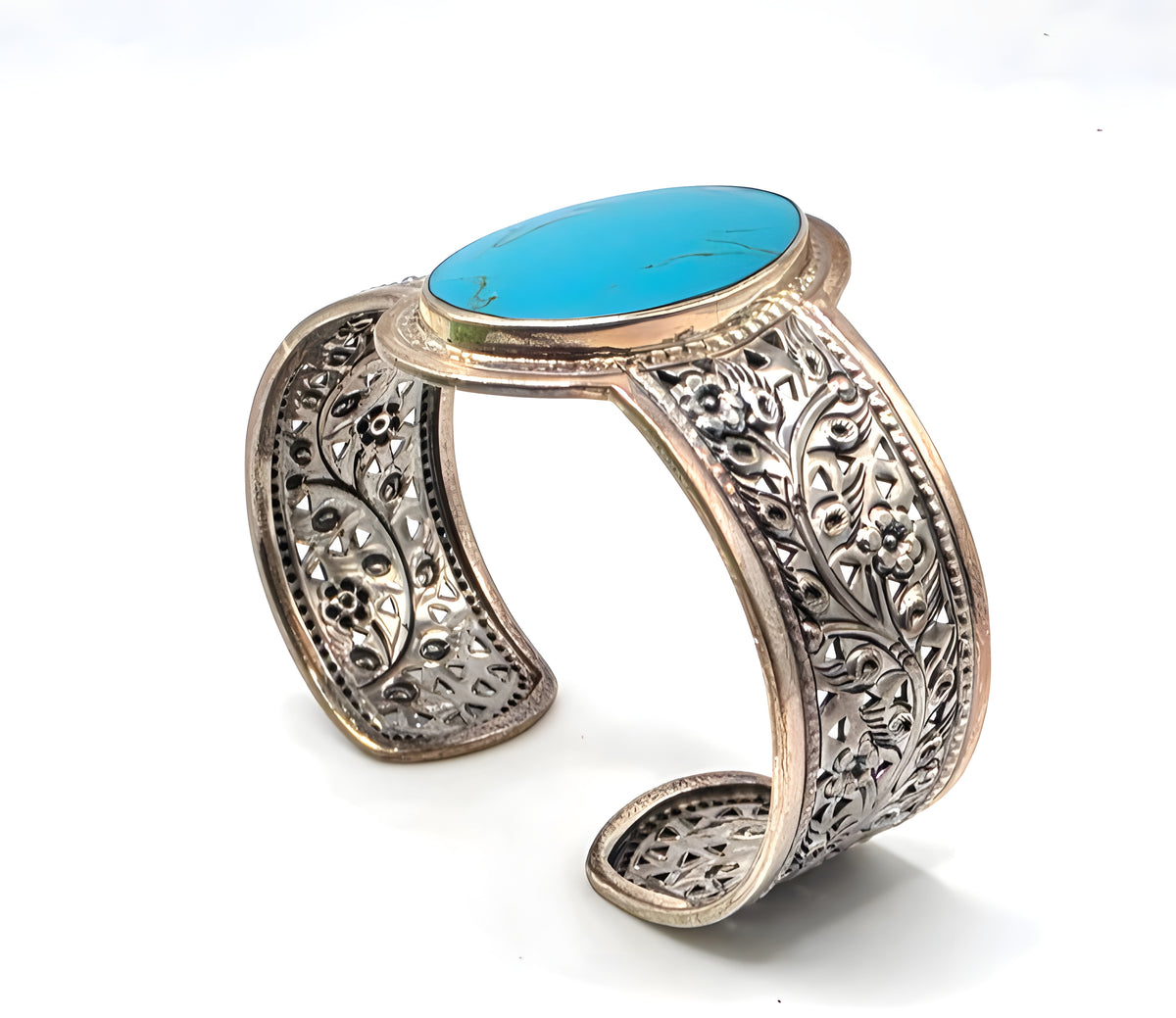 LSV Thailand 925 Sterling Silver Turquoise Floral Filigree Wide Cuff Bracelet