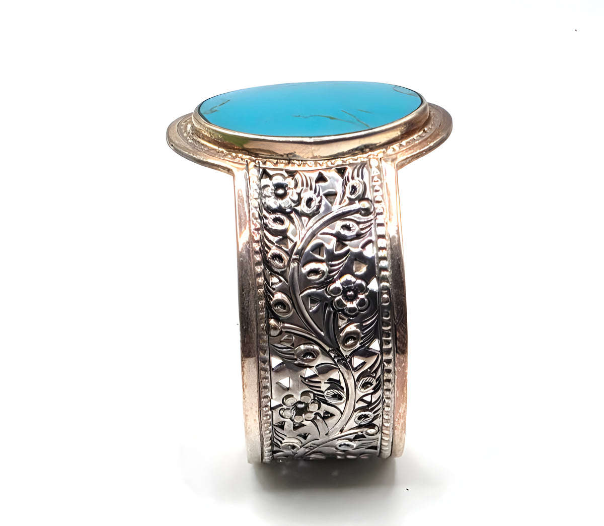 LSV Thailand 925 Sterling Silver Turquoise Floral Filigree Wide Cuff Bracelet