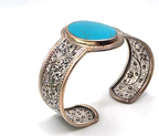 LSV Thailand 925 Sterling Silver Turquoise Floral Filigree Wide Cuff Bracelet