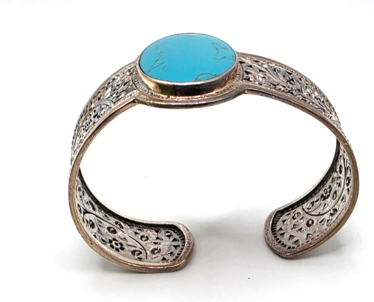 LSV Thailand 925 Sterling Silver Turquoise Floral Filigree Wide Cuff Bracelet