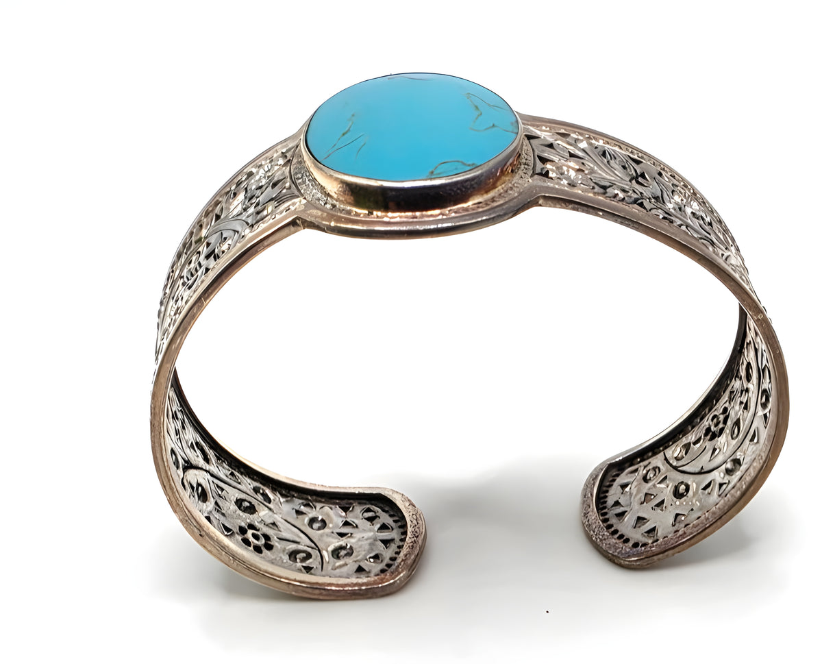 LSV Thailand 925 Sterling Silver Turquoise Floral Filigree Wide Cuff Bracelet