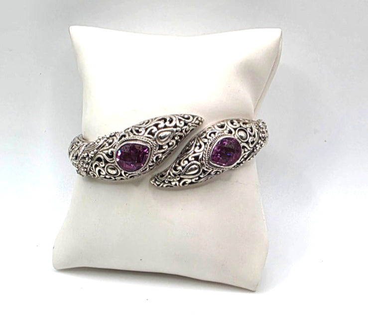 SARDA 925 Sterling Silver Purple Gemstone Bypass Hinged Cuff Bracelet NWOT