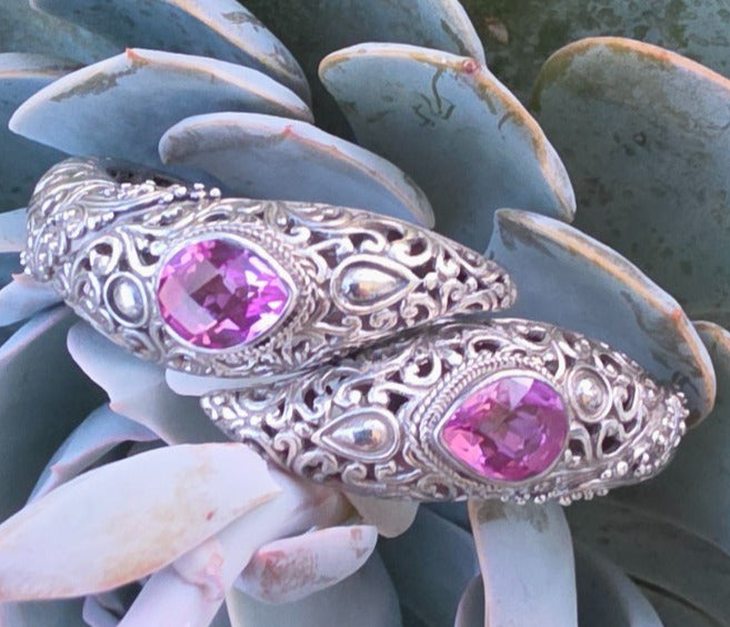 SARDA 925 Sterling Silver Purple Gemstone Bypass Hinged Cuff Bracelet NWOT