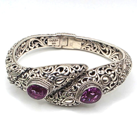 SARDA 925 Sterling Silver Purple Gemstone Bypass Hinged Cuff Bracelet NWOT