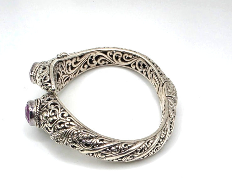 SARDA 925 Sterling Silver Purple Gemstone Bypass Hinged Cuff Bracelet NWOT