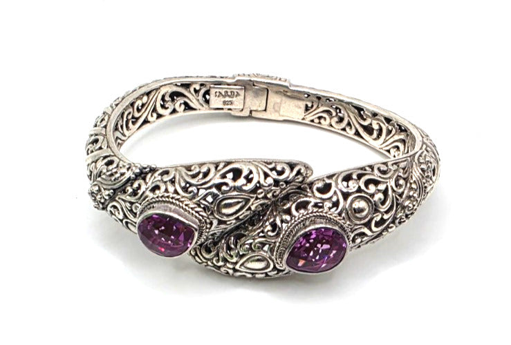SARDA 925 Sterling Silver Purple Gemstone Bypass Hinged Cuff Bracelet NWOT