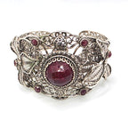 NWOT Sterling Silver Filigree Red Gemstone Floral Leaf Statement Cuff Bracelet